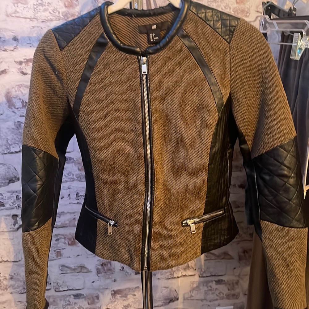 H&M army green knit and leather jacket
